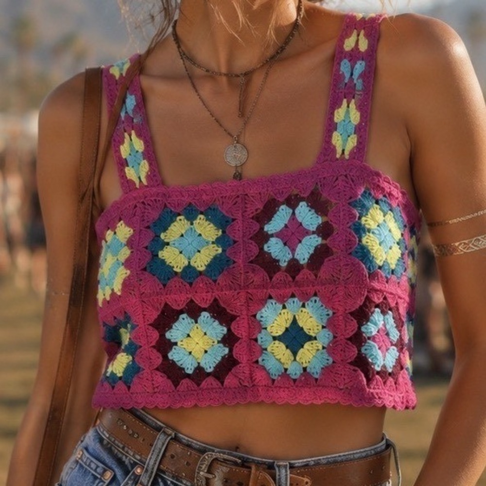 Witty Fox Crochet Granny Square Tank Top Womens Medium Pink Boho Festival Style